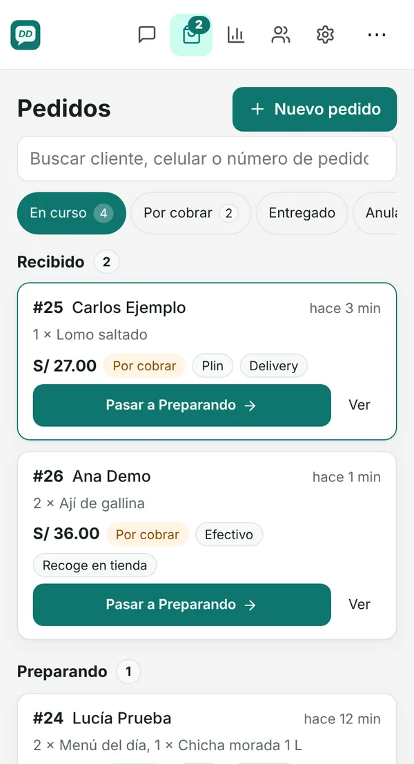 Pantalla de pedidos de DanDev en el celular: pedidos por estado, por cobrar y con botón para pasar al siguiente estado